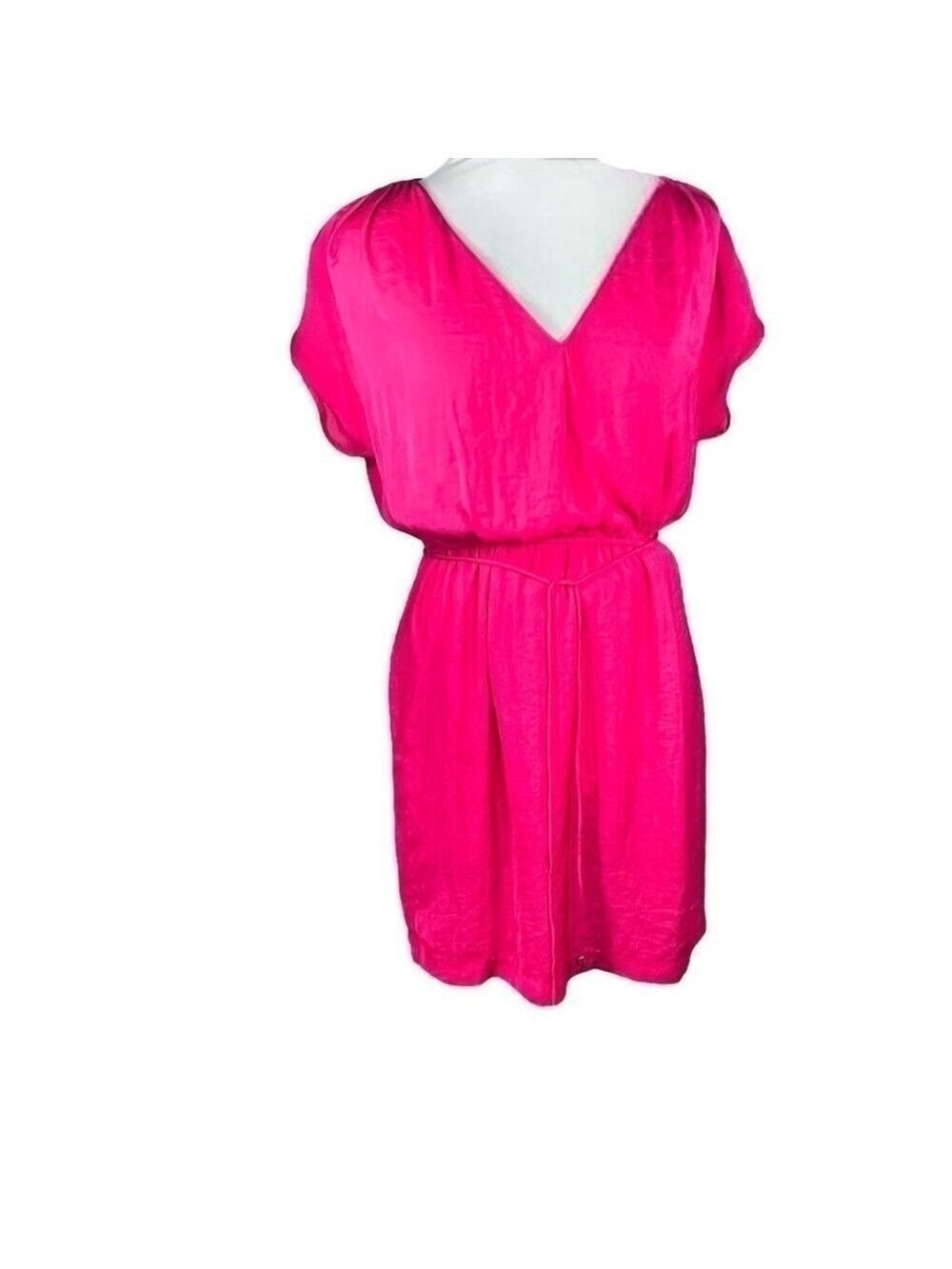 ZARA Basic mini dress v-neck gathered lined beaded drawstring fuchsia size XS